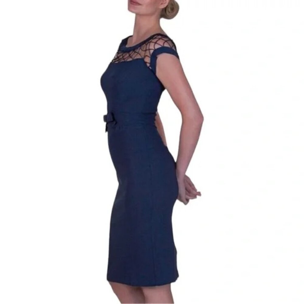 TATYANA Alika Pencil Dress Navy Blue Pin Up Rockabilly Style, Size XS HEMMED